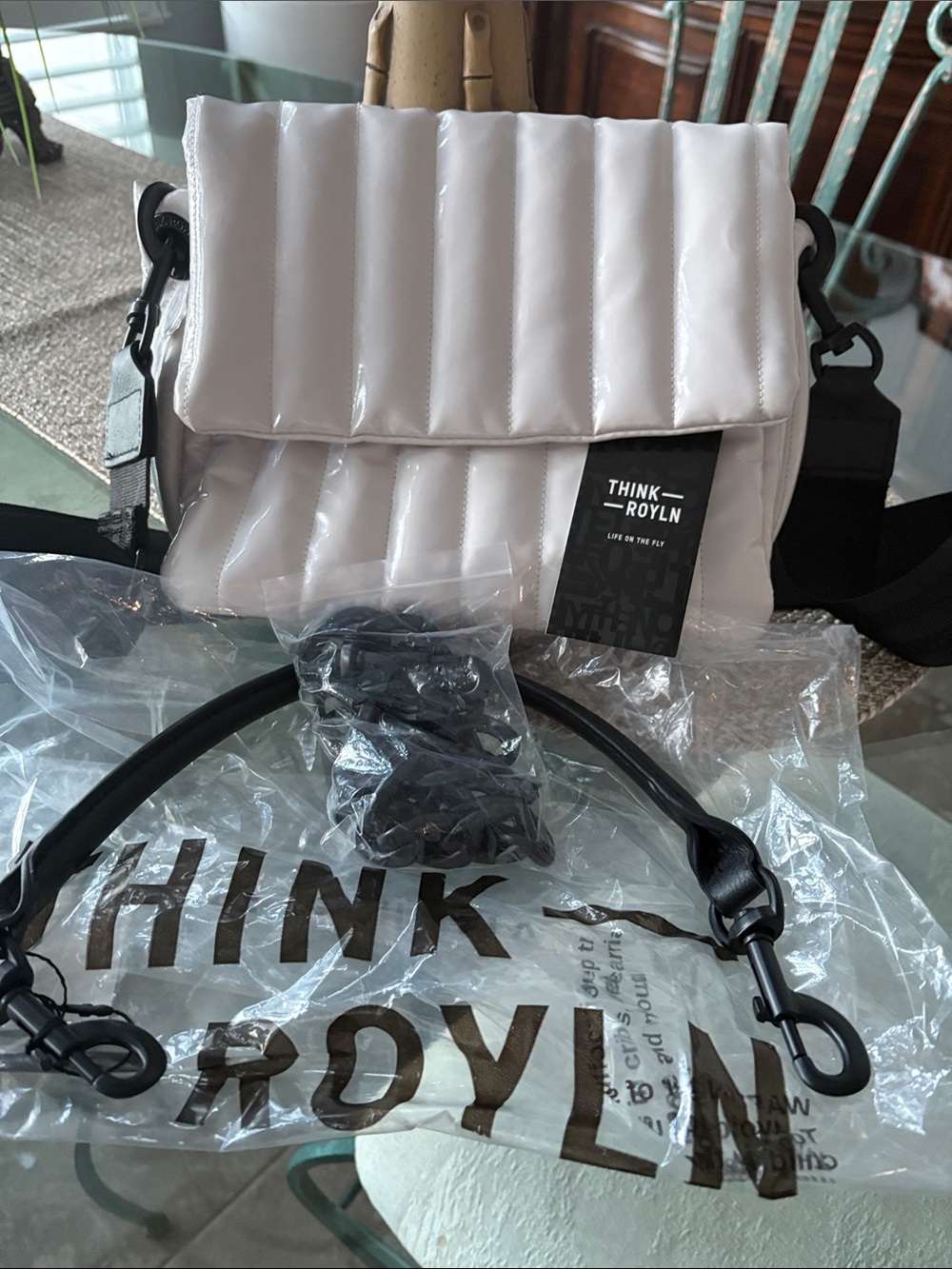 THINK ROYLN Glossy White Quilted Crossbody with Black Strap